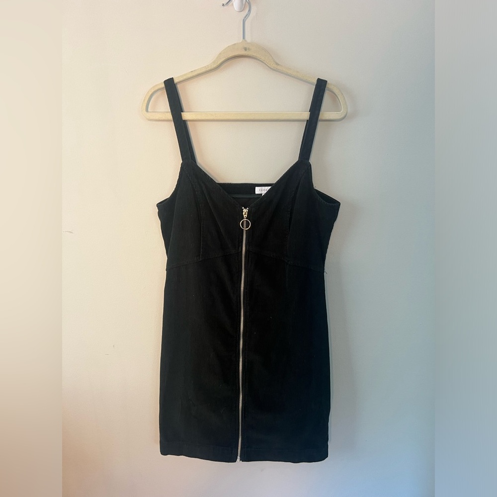 Topshop Y2K Corduroy Overall Mini Dress Full Zip Sleeveless Dark Green Size 10
